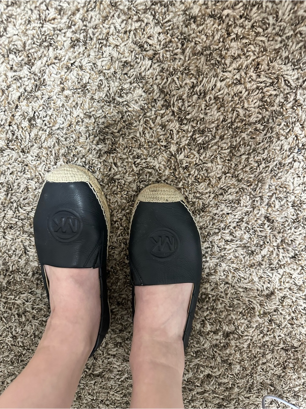 Michael Kors Black Leather Espadrille Flats with Tan Woven Toe